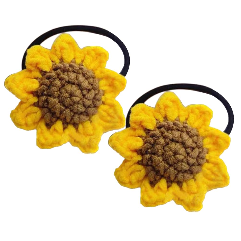 2Pcs Set Hair Ties For Girls, Handmade Cotton Sunflower Hair Rope, Tied Hair Yellow Flower Elastic Hair Bands, Lovely Ponytail Holder Hair Circl,