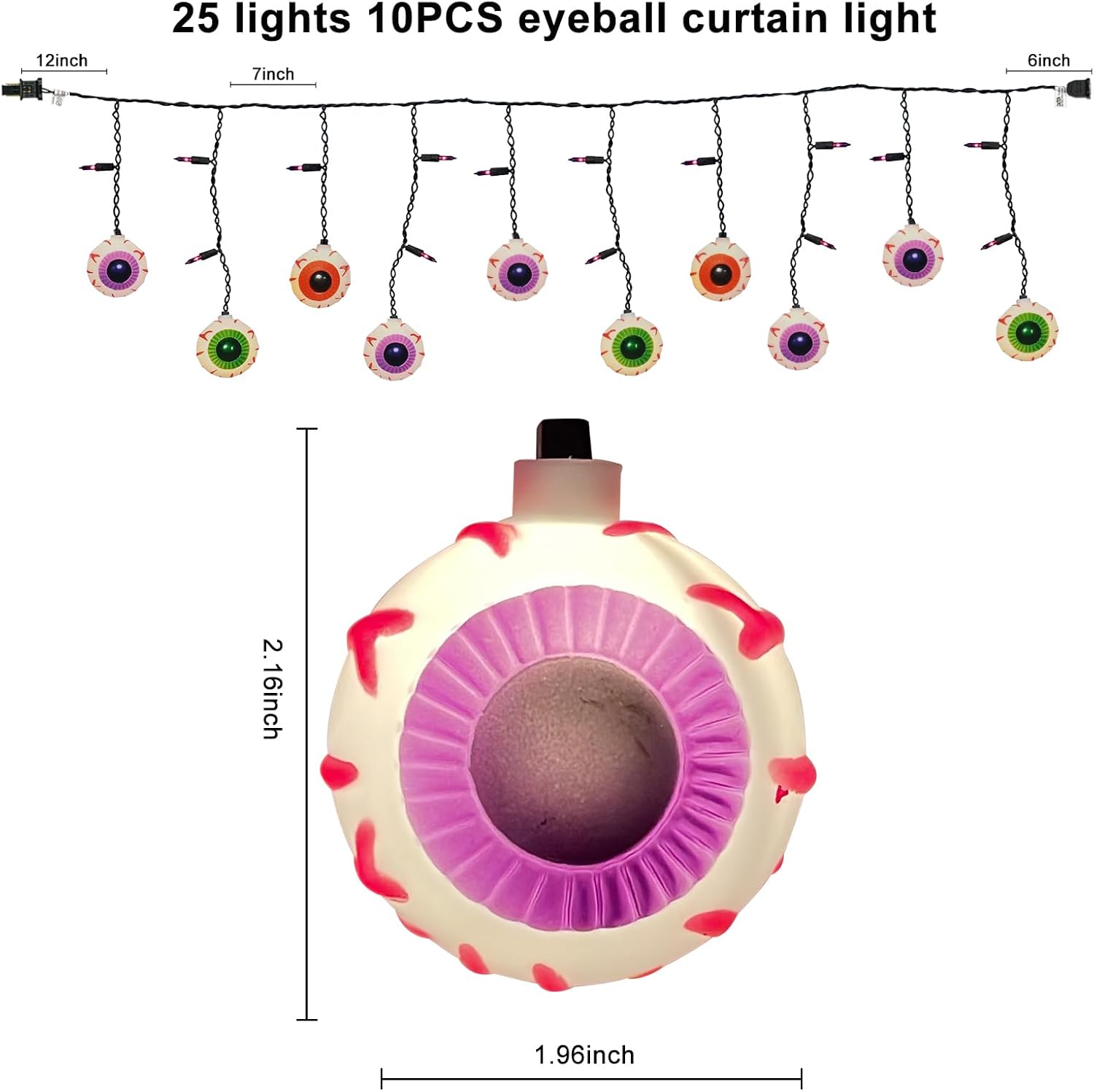 Romasaty Luces de cortina de ojos de Halloween de 7 pies con 10 tiras de luces impermeables para ojos, 25 luces LED temáticas de Halloween para