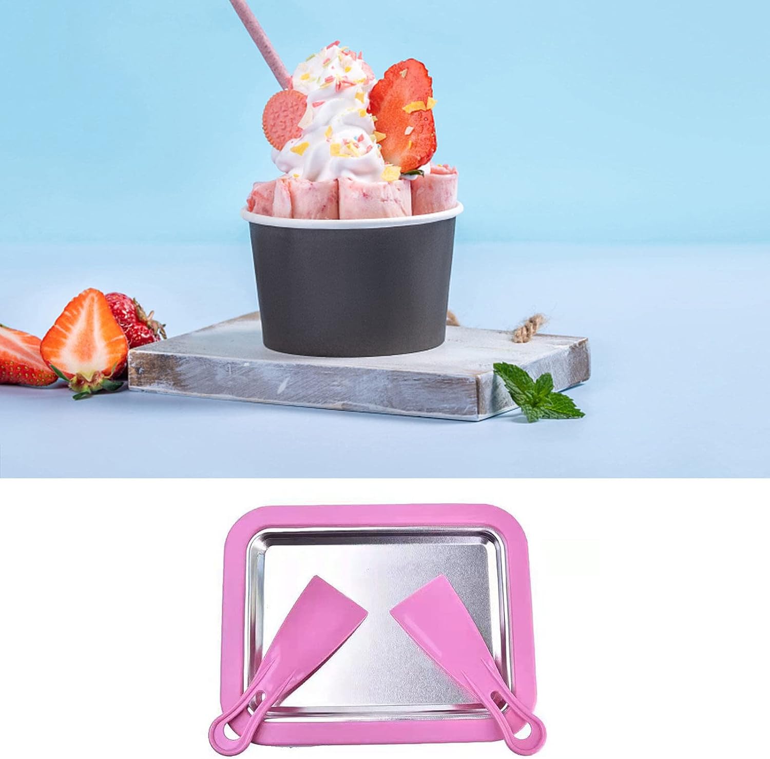 Camidy Máquina de helado enrollado, bandeja para hacer dulces, placa fría instantánea con 2 espátulas para hacer helado enrollado yogur congelado