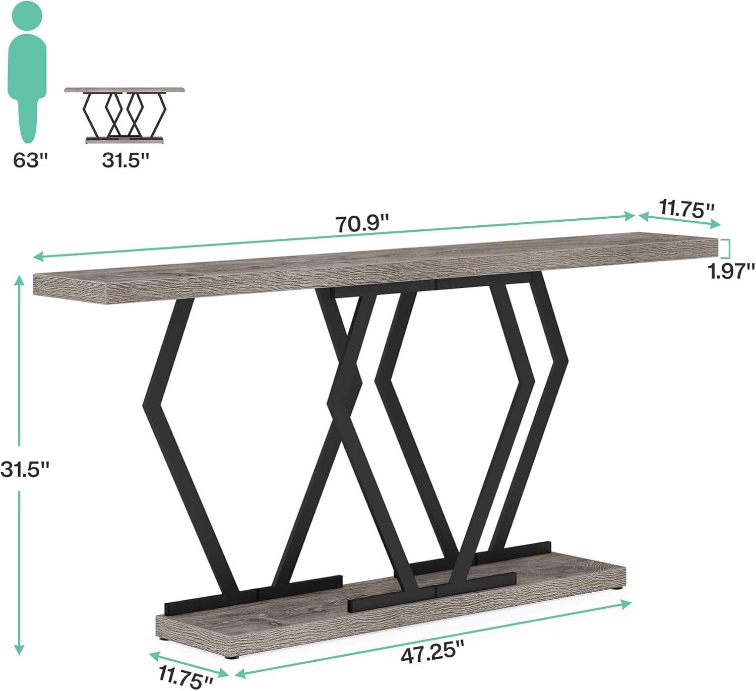 Tribesigns Mesa consola de 70.9 pulgadas para sala de estar, mesa de sofá larga estrecha con marco de metal geométrico resistente, mesa de madera