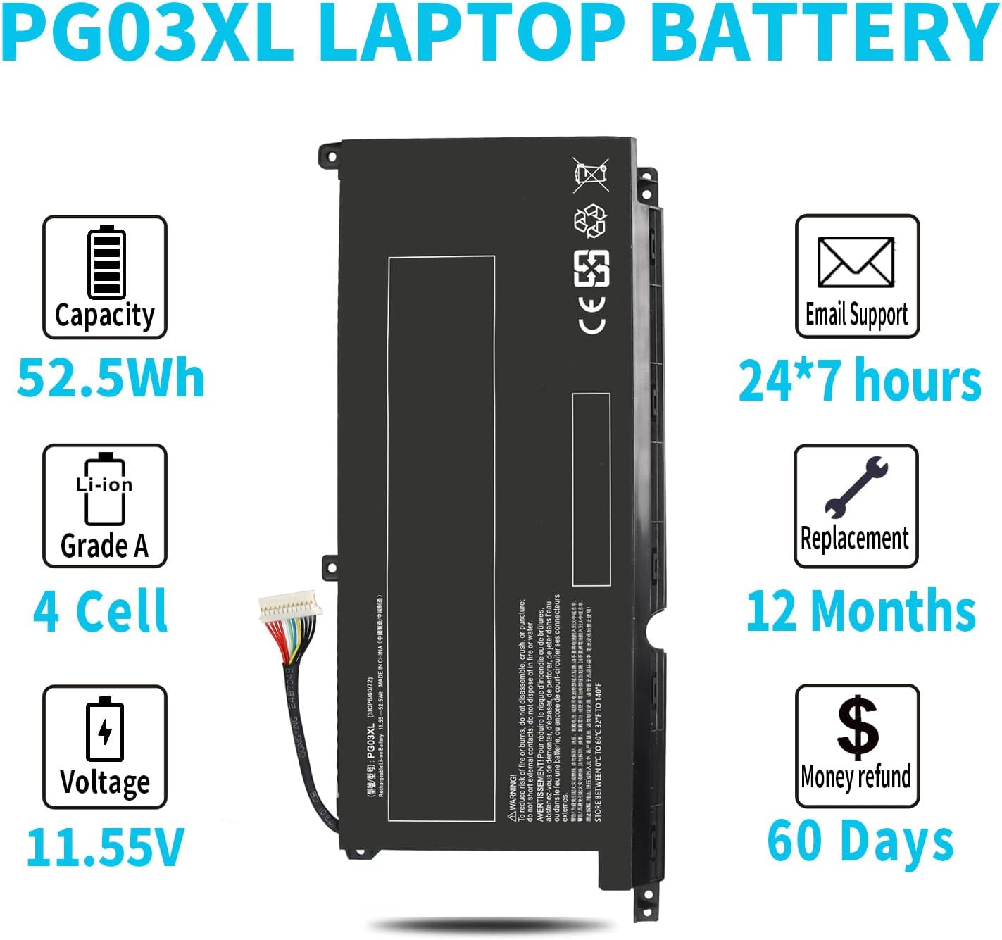 Batería de portátil PG03XL de 52.5Wh para HP Pavilion Gaming 15-DK 15T-DK 15-EC 15-DK0XXX 15-DK0056WM 15-DK0068WM 15-DK0055NR 15T-DK200 15-EC0013DX