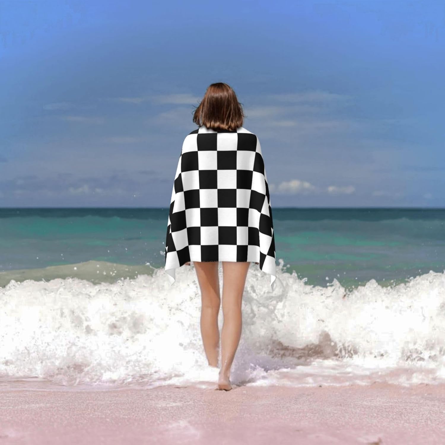 Toalla de playa a cuadros en blanco y negro, grande, suave, absorbente, de secado rápido, toallas de baño de gran tamaño para baño, mujeres,