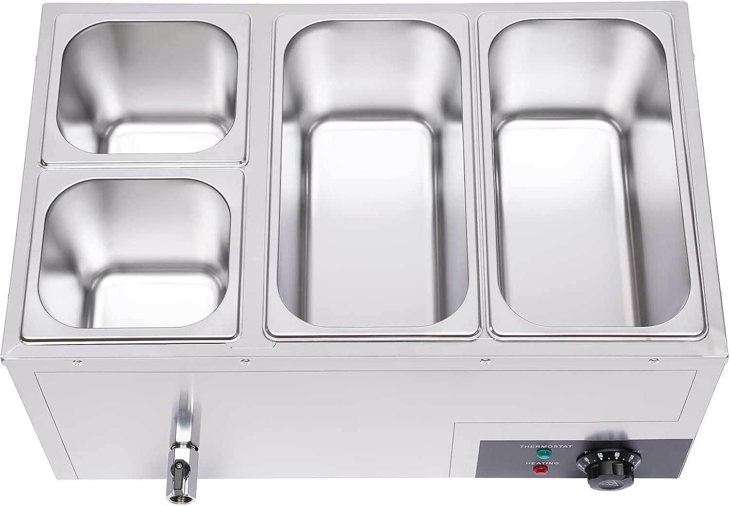 Calentador de sopa de alimentos de 110 V, 4 sartenes, mesa de acero inoxidable de grado alimenticio, encimera comercial, cafetería de buffet,