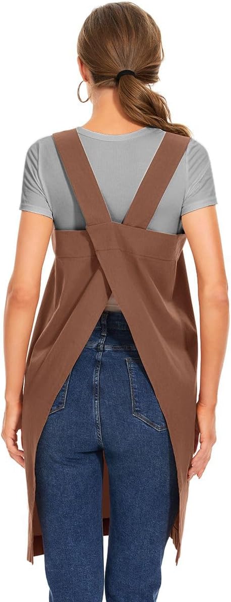 Delantal de algodón con espalda cruzada para mujer, vestido casual con bolsillos grandes, delantal cuadrado suelto para hornear, cocinar, jardinería