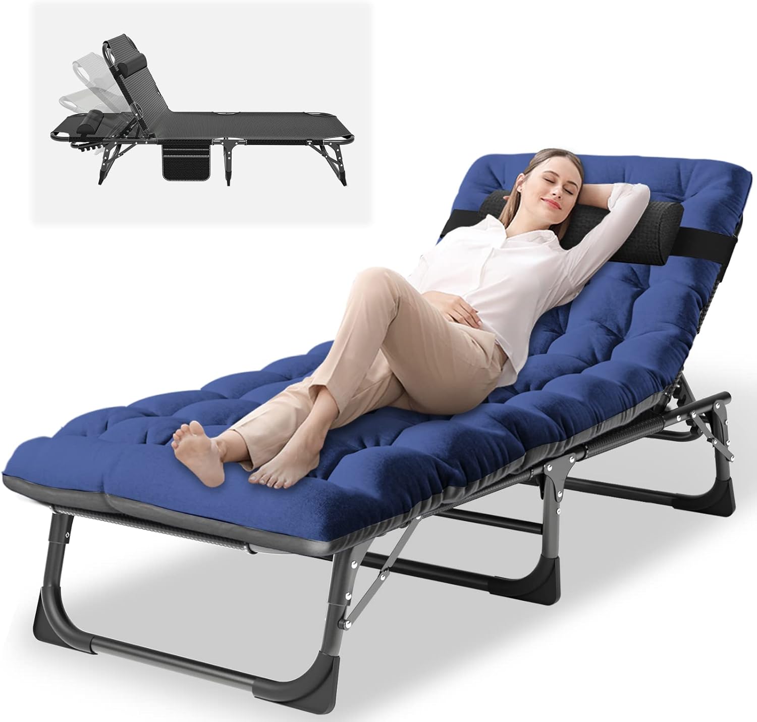 NAIZEA Sillón plegable para exteriores, catre plegable 3 en 1 con colchón, sillas reclinables de patio de 4 posiciones, silla reclinable plegable