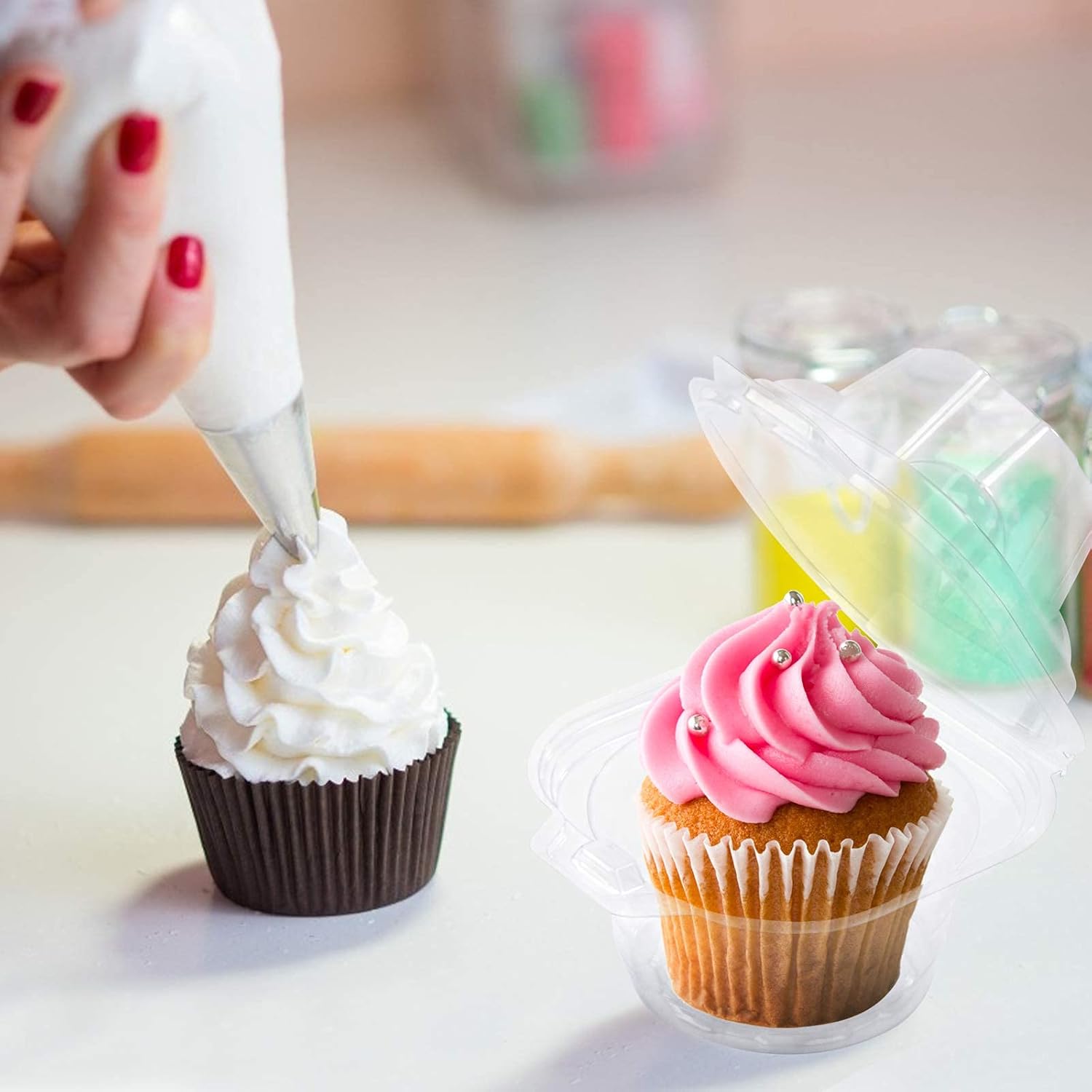 NPLUX 50 Pack Individual Cupcake Containers Plastic Cupcake Boxes Cupcake Holders Stackable Deep Dome Cupcake Carrier