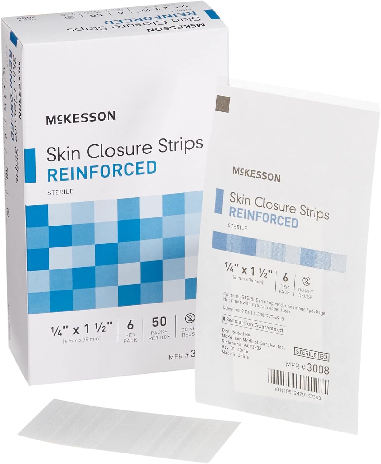 McKesson Tiras adhesivas para cierre de piel, tira Steri reforzada para el cuidado de heridas, 14 pulgadas x 1 12 pulgadas, 6 por paquete, 50