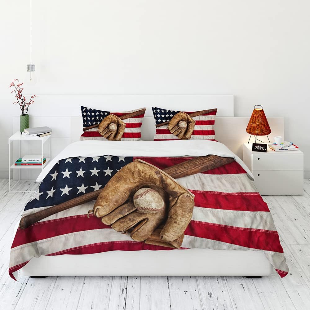 Juego de edredón de béisbol con bandera estadounidense 3D, tamaño matrimonial, ropa de cama deportiva para niños