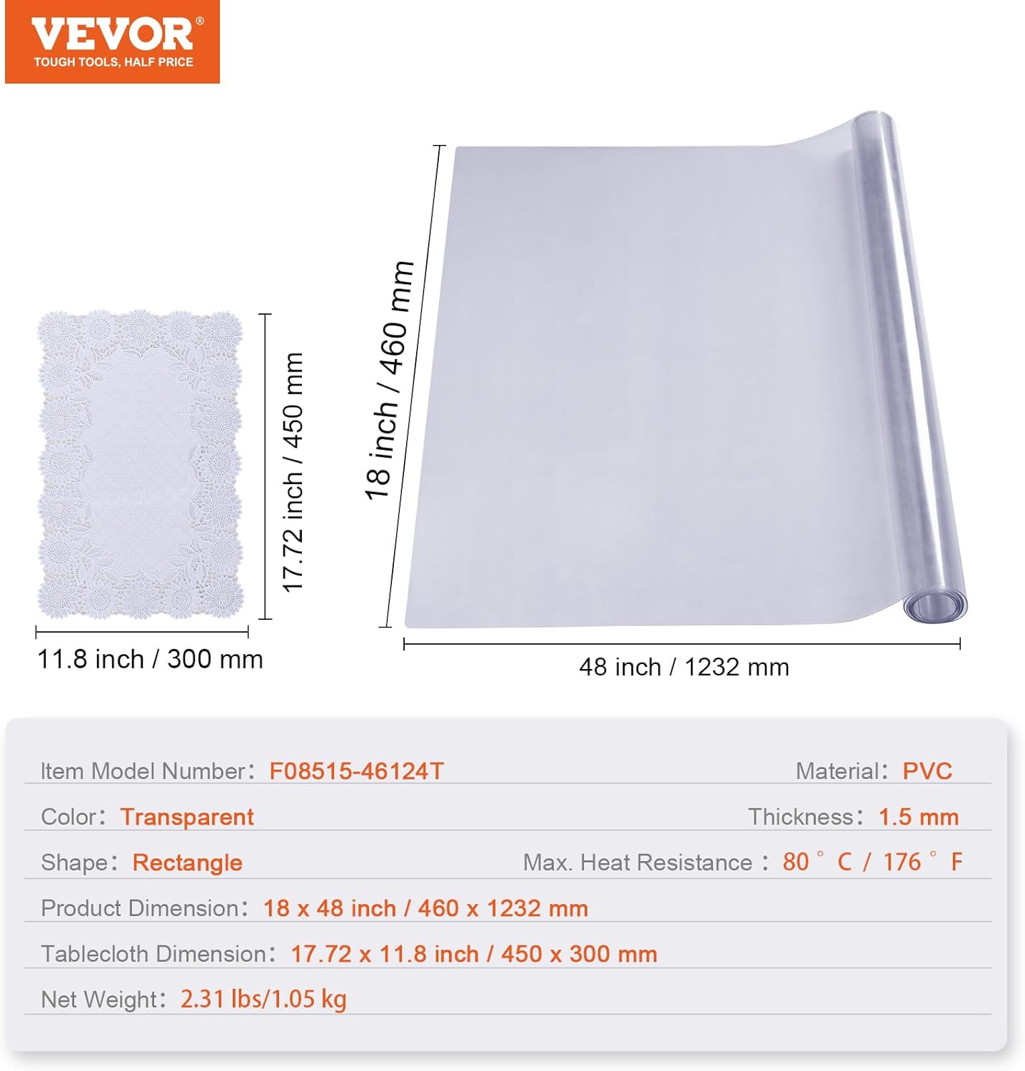 VEVOR Protector de mesa transparente, 18 x 48 pulgadas, cubierta de mesa de 0.059 in de grosor, mantel de plástico PVC de 0.059 in de grosor,