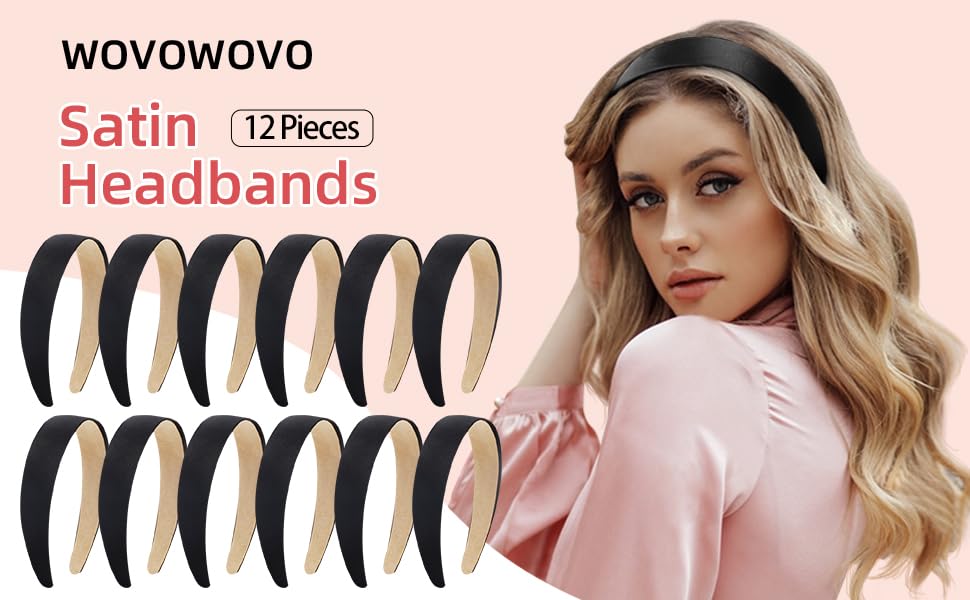 WOVOWOVO Paquete de 12 diademas de satén negro para mujer, 1.3 pulgadas de ancho, diadema antideslizante para niñas, banda para la cabeza, linda