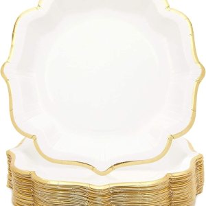 Sparkle and Bash Paquete de 48 platos de fiesta de papel blanco con bordes festoneados de lámina dorada (9 pulgadas) Sparkle and Bash Paquete de 48 platos de fiesta de papel blanco con bordes festoneados de lámina dorada (9 pulgadas)