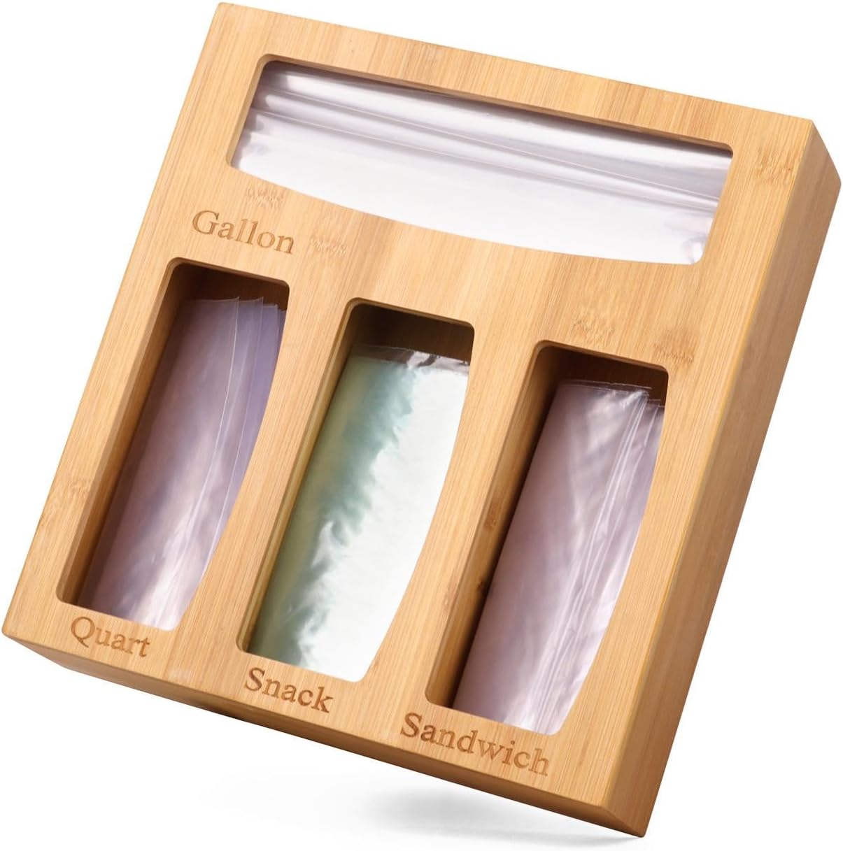Organizador de bolsas Ziplock de bambú sólido de alta calidad, dispensador de bolsas de almacenamiento de alimentos para cajón de cocina,