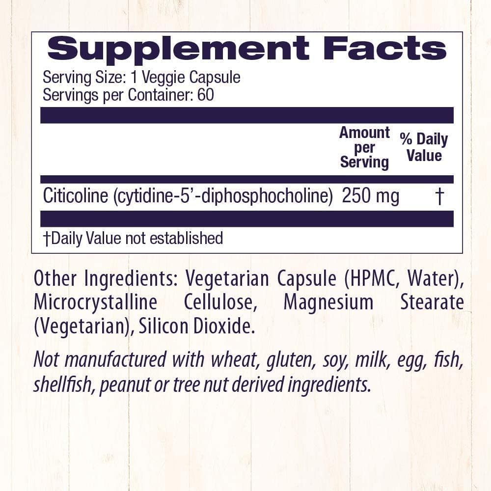 Healthy Origins Citicoline CDP Colina 250 mg (Cognizin, sin OMG, sin gluten, apoyo cognitivo), 60 cápsulas vegetales