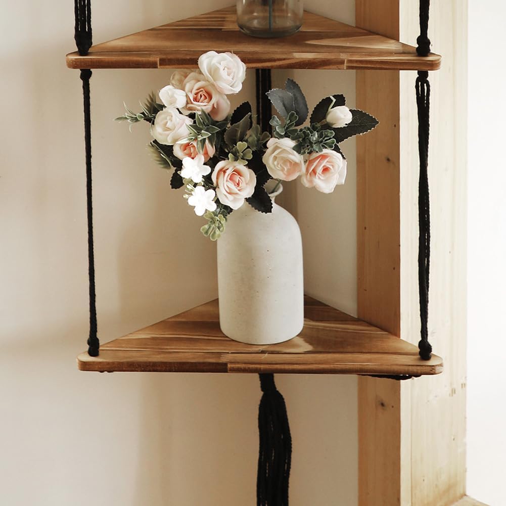 YardGo Estantes colgantes para pared, estante flotante de madera de 3 niveles de macramé, estantes de baño hechos a mano, estantes de almacenamiento