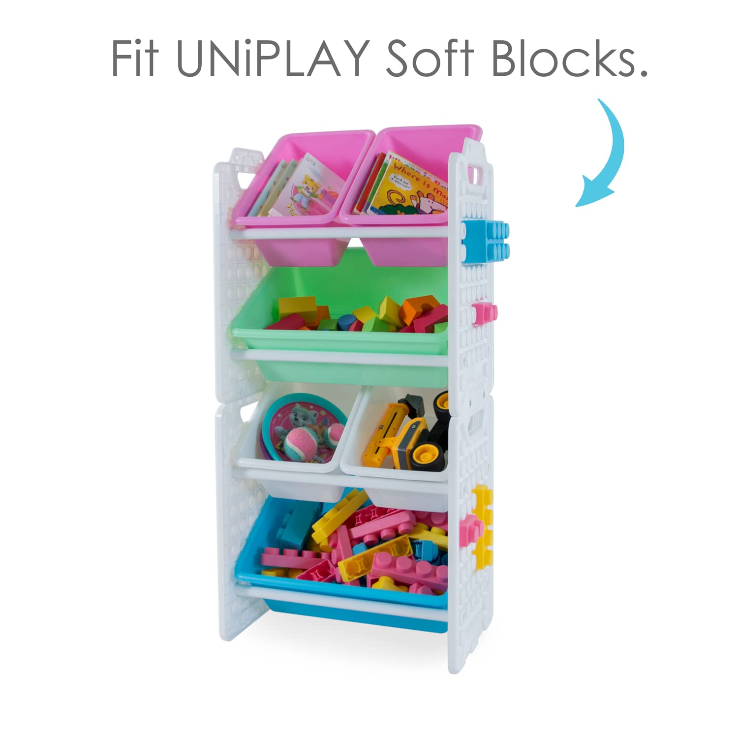 UNiPLAY Organizador de juguetes con 6 contenedores de almacenamiento extraíbles, organizador de múltiples contenedores para libros, bloques de