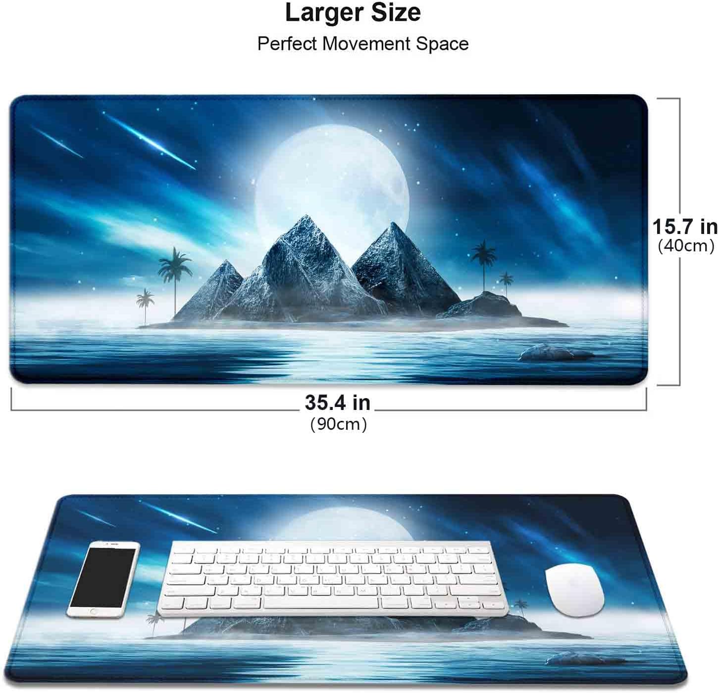 Alfombrilla de mouse grande extendida para juegos con bordes cosidos, alfombrilla de escritorio de luna llena de montaña azul para computadora,