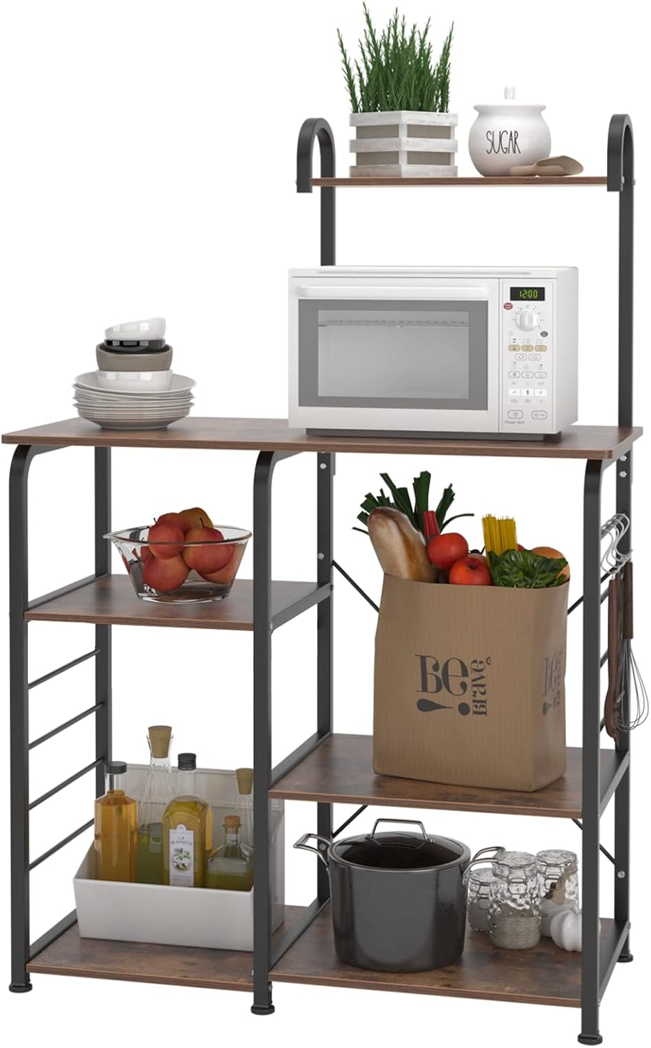 SDHYL Barra de café, estante para horno de 35 pulgadas, soporte para microondas con 5 estantes de almacenamiento y ganchos, estantes de cocina,