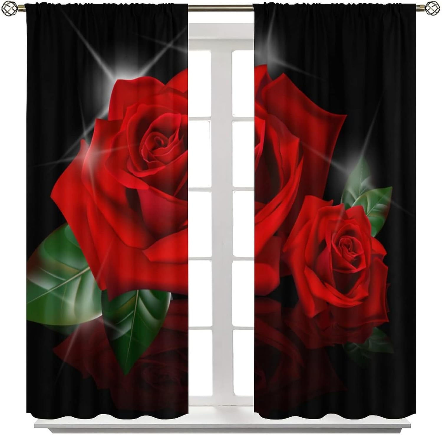 Cortinas de rosas rojas, con estampado romántico de rosas de San Valentín, color rojo burdeos y negro, para mujeres y niñas, decoración del hogar, 2