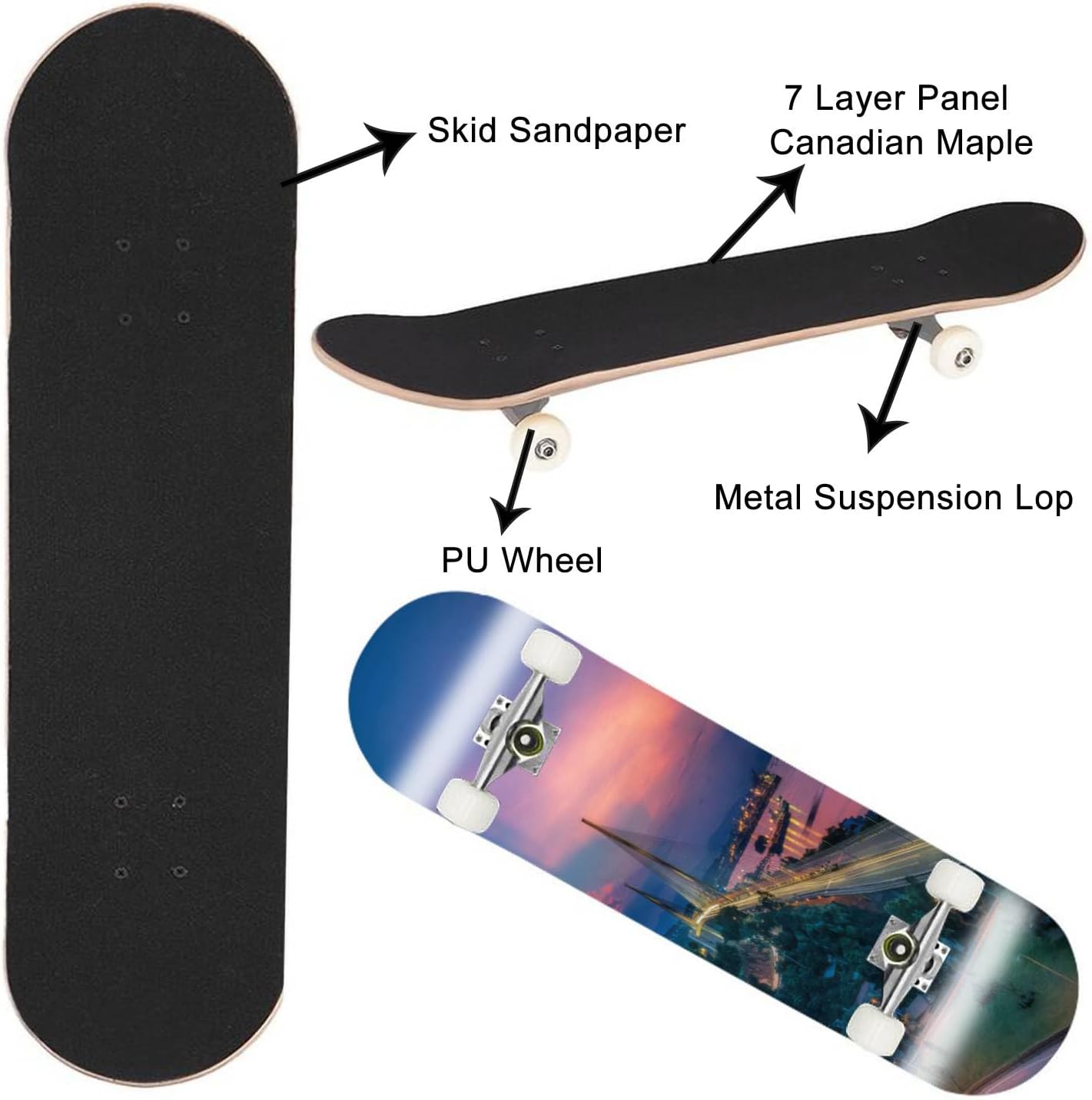 Sunset Skyline Havana – Patinetas para principiantes de 31 x 8 pulgadas, tablas cóncavas de arce de doble patada completa al aire libre para