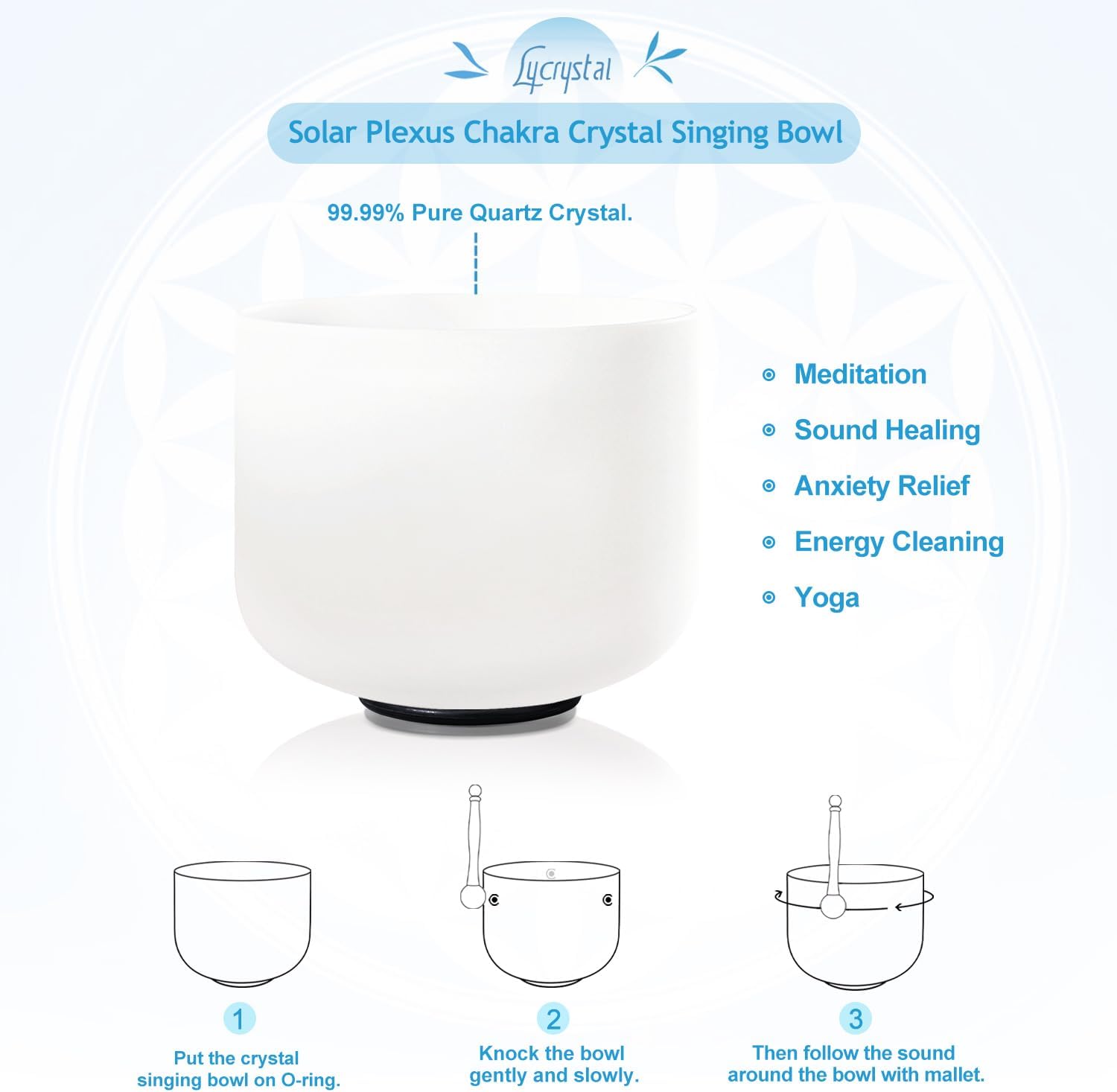 Lycrystal Cuenco de 8 pulgadas E Note Solar Plexus Chakra Esmerilado Cuarzo Cristal Sonido Tazón Libre Mazo y Junta Tórica para Meditación Sanadora