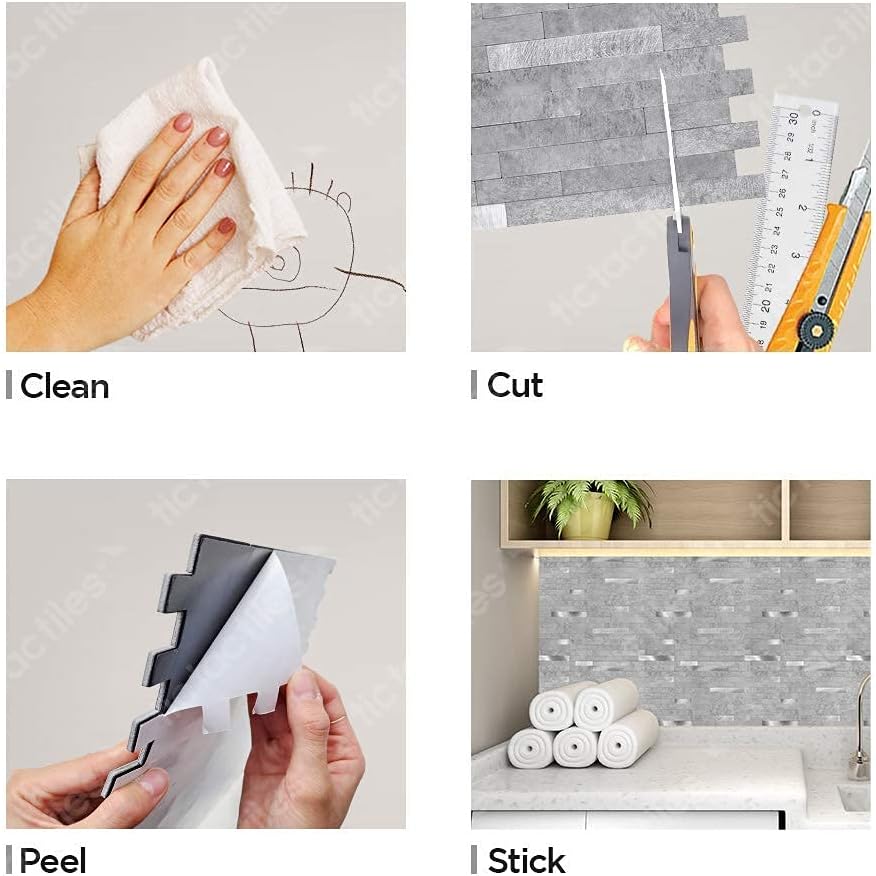 Tic Tac Tiles Autoadhesivo extraíble para la loseta del muro de la cocina o el baño, azulejos metálicos (gris plateado, 6)