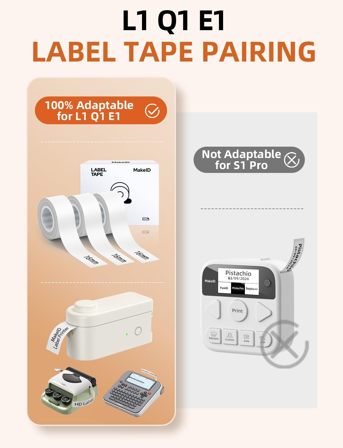 MakeID L1 E1 Cinta para etiquetadora adaptada, repuesto de papel de impresión de etiquetas laminadas estándar de 0.3 pulgadas y 0.47 pulgadas y 0.63