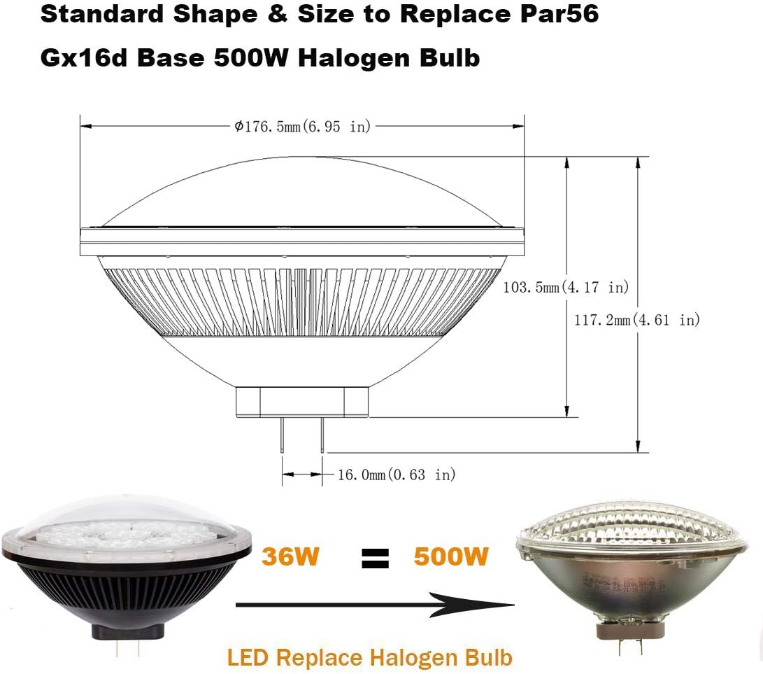 Bombilla LED Par56 regulable de 36 W, luz de inundación blanca cálida (2700-3000 K) WFL ángulo de haz de 120  base GX16D, reemplazo Par-56 300 W 500