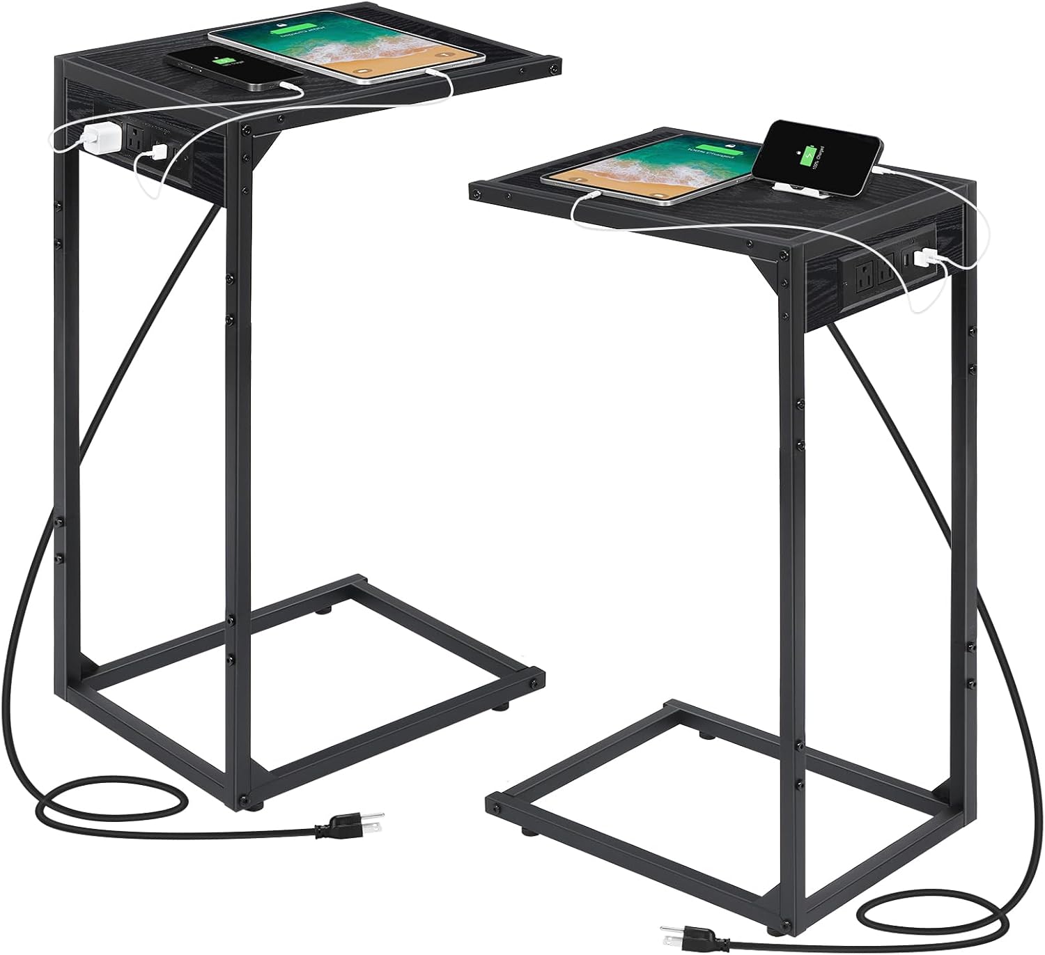 Juego de 2 mesas auxiliares en forma de C con estación de carga, mesa auxiliar con mesa con puertos USB y tomas de corriente, mesas C para sofá,