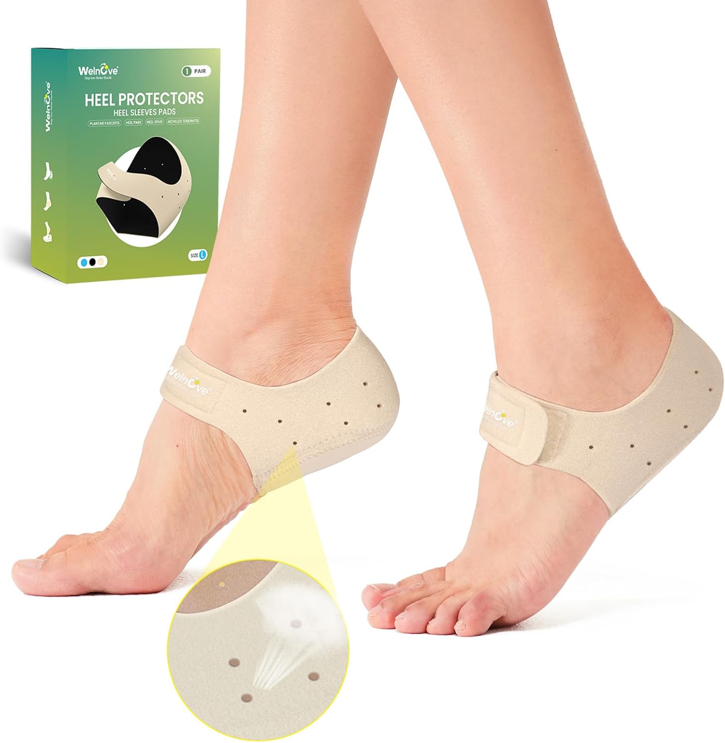Protectores de talón para fascitis plantar para dolor de talón, taloneras Welnove para talones espolones, alivio del dolor, almohadillas de talón