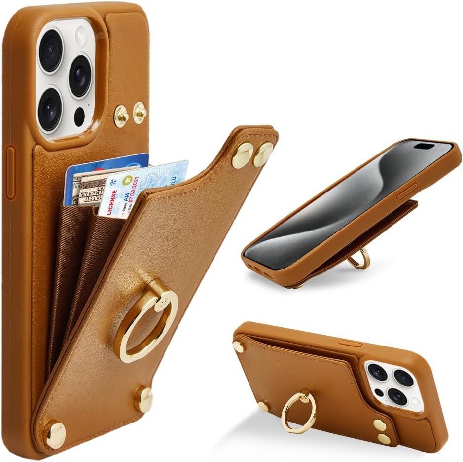 LAMEEKU Funda tipo cartera para iPhone 15 Pro con soporte para tarjetas, funda de piel sintética con ranuras para tarjetas, soporte de anillo de