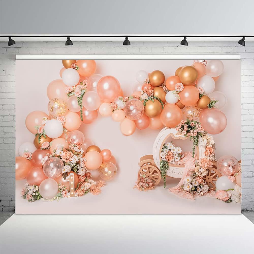MEHOFOND Fondo de globo rosa y dorado de 7 x 5 pies para primer cumpleaños, decoración de fiesta de primer cumpleaños, fotografía floral, carro,