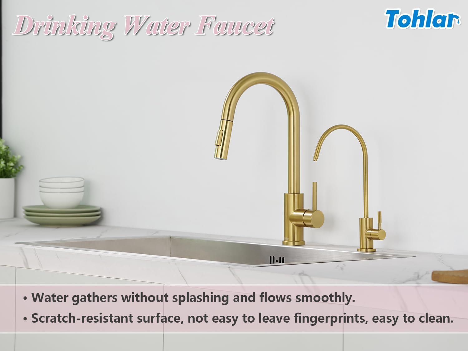 Tohlar Grifo de agua potable para fregadero de cocina, grifo de agua filtrada dorada, grifo de ósmosis inversa sin plomo, sistema de filtración de