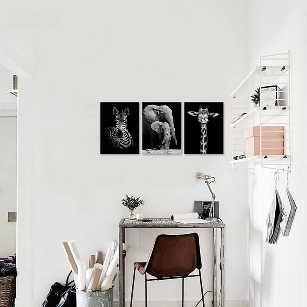 Visual Art Decor Lienzo de vida silvestre africana en blanco y negro, arte de pared con diseño de animal cebra, jirafa, elefante, retrato, póster