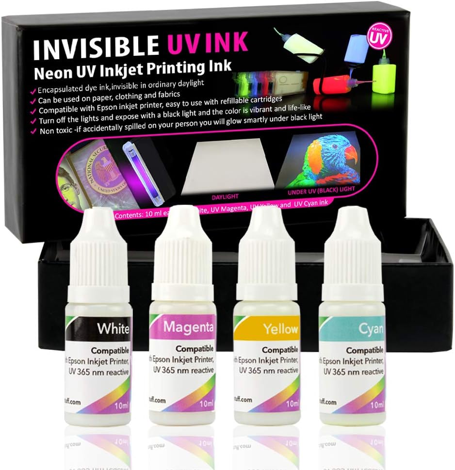 Professional Tinta ULTRAVIOLETA invisible para las impresoras de chorro de tinta 4 colores fijados, 0.3 fl ozcolor, tinta de la luz negra para las