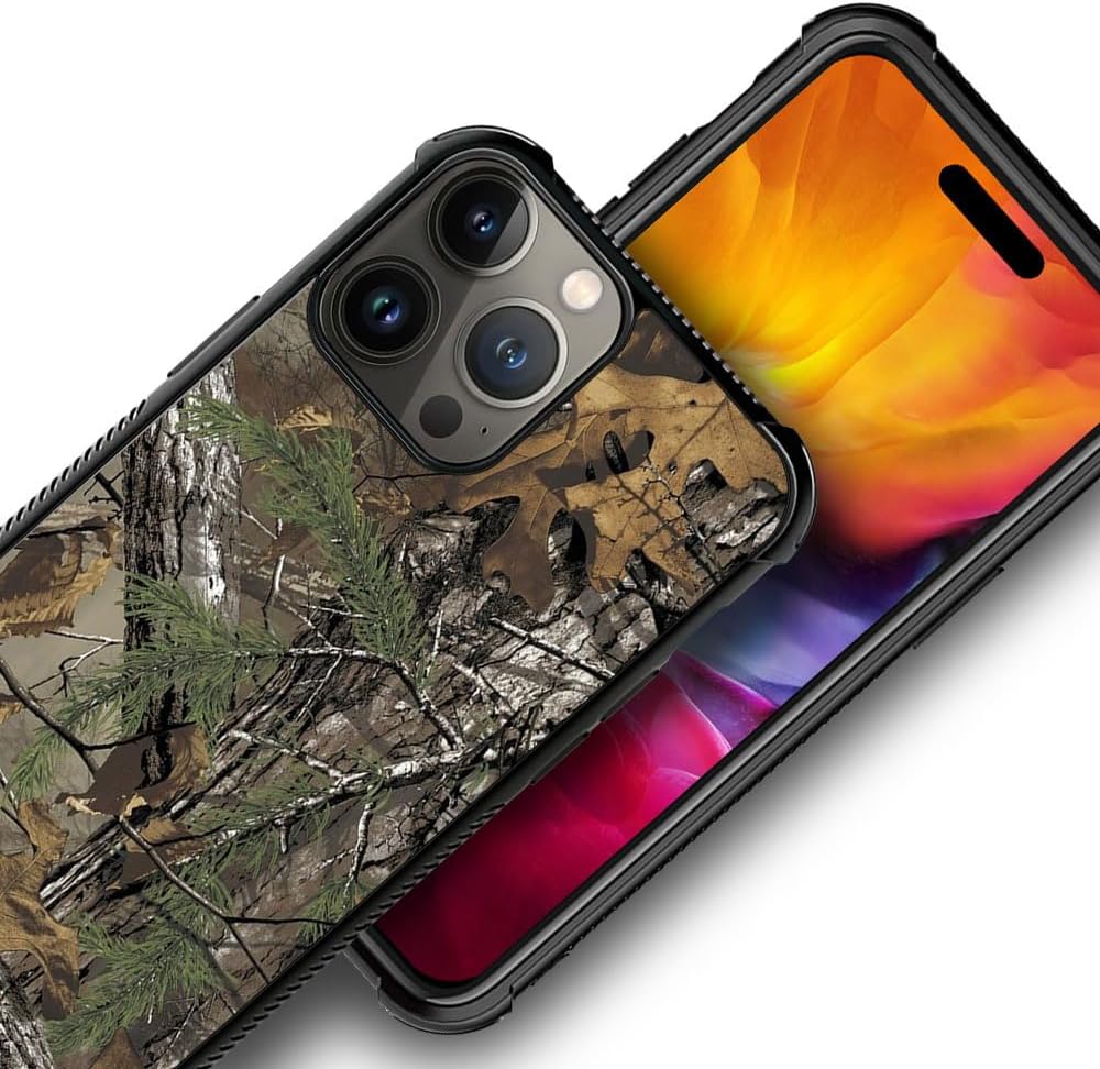 Funda compatible con iPhone 15 Pro Max, diseño de hojas de árbol de camuflaje H, resistente a arañazos y golpes, funda protectora de TPU resistente