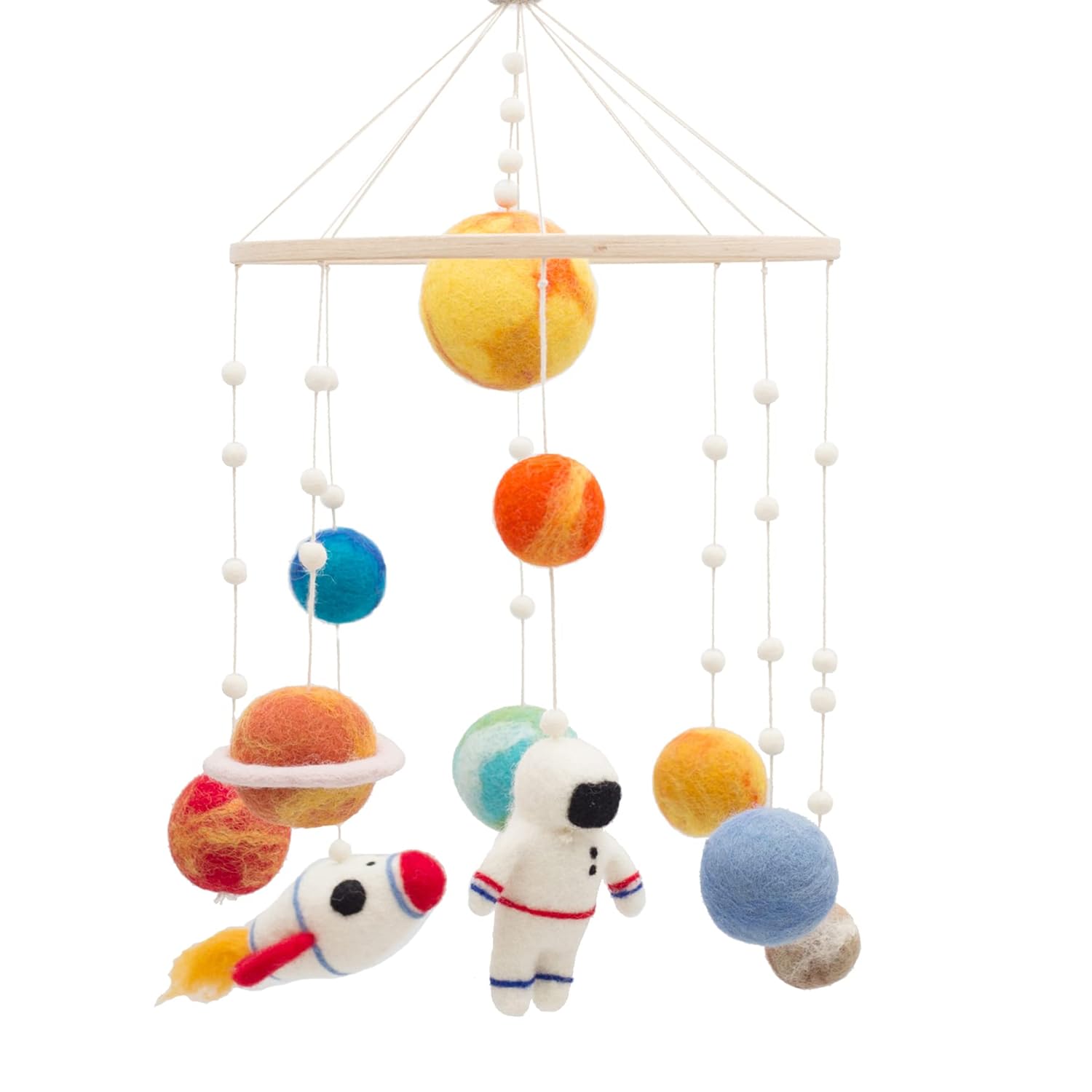 Glaciart One Space Nursery Fieltro Móvil  Decoración colorida para cuna, habitaciones de bebé, hecho a mano, madera segura para niños, fieltro de
