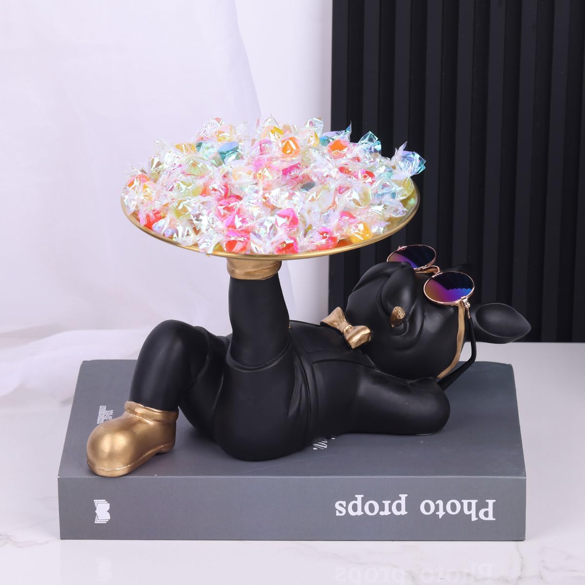 Estatua de bulldog francés negro  Bandeja de bulldog para dulces y soporte para llaves, almacenamiento de joyas, ideal para decoración moderna del