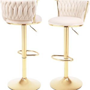 Juego de 2 taburetes de bar giratorios de terciopelo, modernos de 24 pulgadas de altura de mostrador, con respaldo tejido y reposapiés, sillas de Juego de 2 taburetes de bar giratorios de terciopelo, modernos de 24 pulgadas de altura de mostrador, con respaldo tejido y reposapiés, sillas de