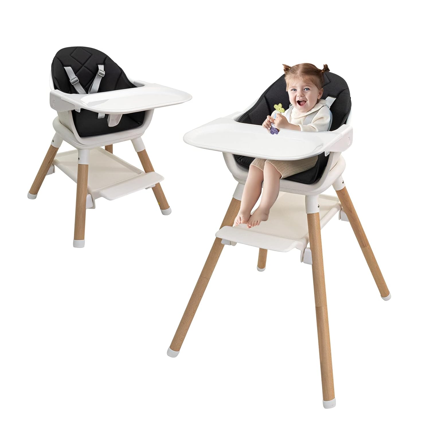 Silla alta de madera 6 en 1, sillas altas para bebés y niños pequeños, sillas altas para bebé con patas ajustables y bandeja apta para lavavajillas,