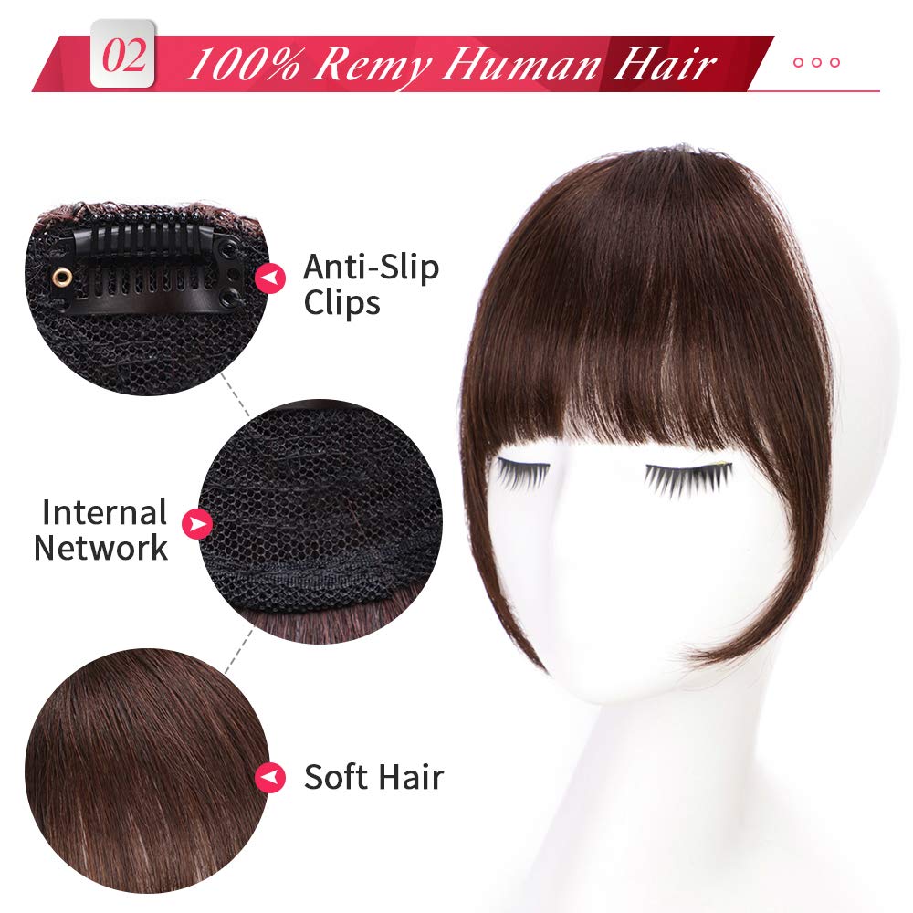 GongXiu – Extensiones de cabello humano real con clip, color negro natural, flequillo liso y plano con sienes para mujer (marrón rojizo oscuro,