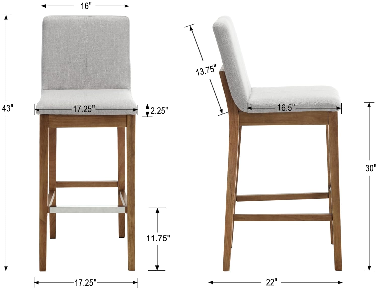 chairus Juego de 2 taburetes de bar altos de tela, taburetes de bar tapizados de lino con patas de madera maciza y respaldo para cocina, isla de