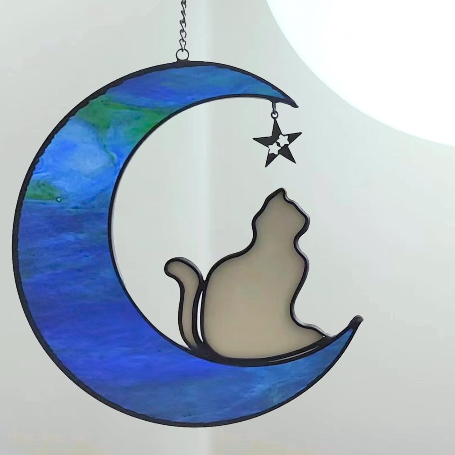 HXFRTYU Regalos conmemorativos para gatos, colgantes de vitrales de gato en luna, decoración de Halloween para gatos, regalos para amantes de los