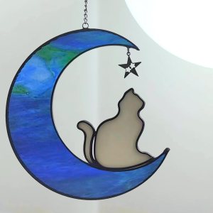 HXFRTYU Regalos conmemorativos para gatos, colgantes de vitrales de gato en luna, decoración de Halloween para gatos, regalos para amantes de los HXFRTYU Regalos conmemorativos para gatos, colgantes de vitrales de gato en luna, decoración de Halloween para gatos, regalos para amantes de los