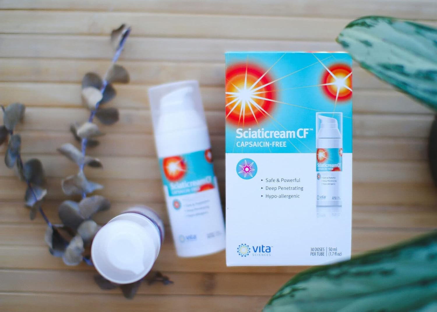 Vita Sciences Sciaticream CF Crema calmante rápida para el nervio ciático con base de árnica, B1, B5, B6, MSM, aloe y aceite de coco. Sin