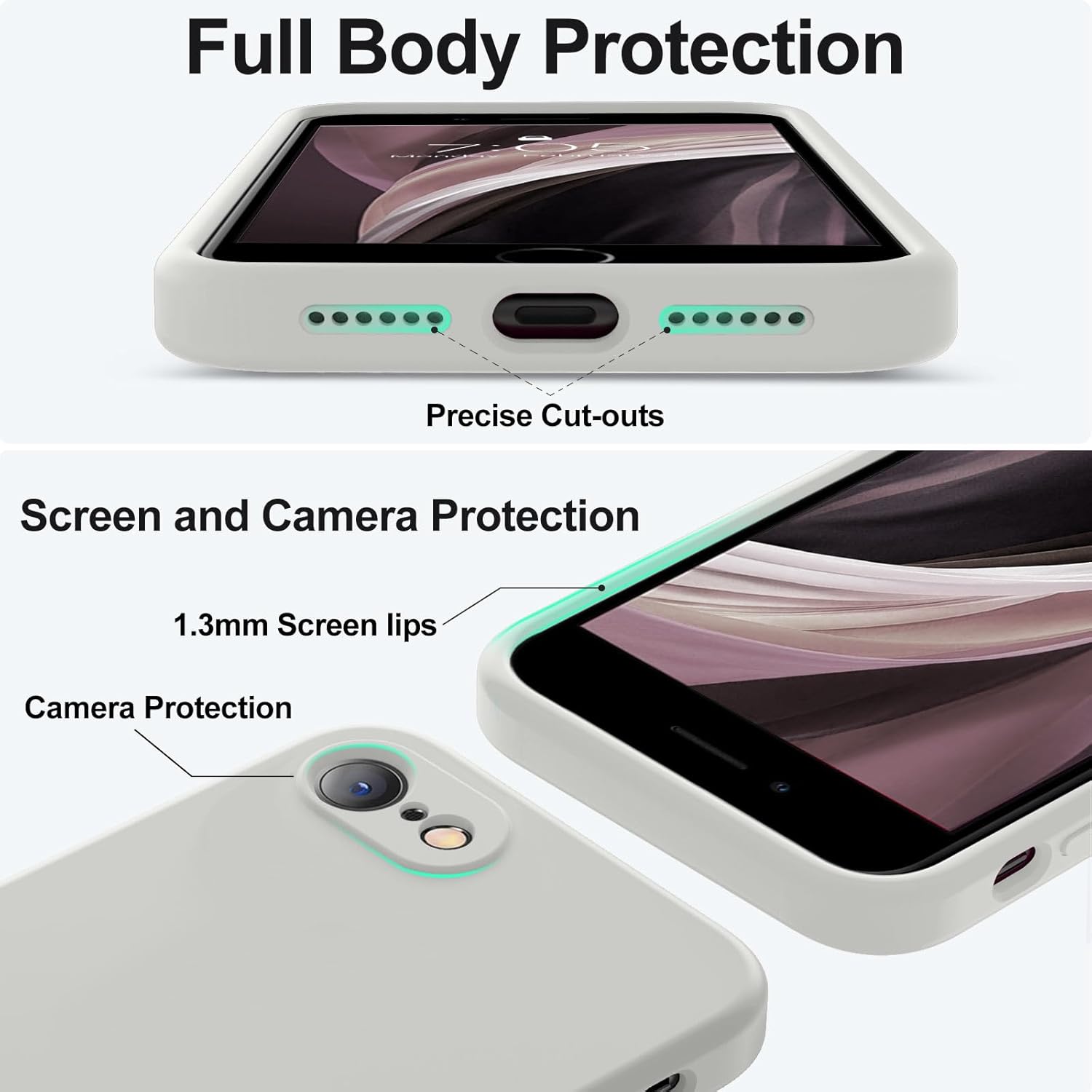 Vooii Funda para iPhone SE 20223rd2020, iPhone 87, silicona líquida mejorada con bordes cuadrados protección de cámara forro de microfibra suave