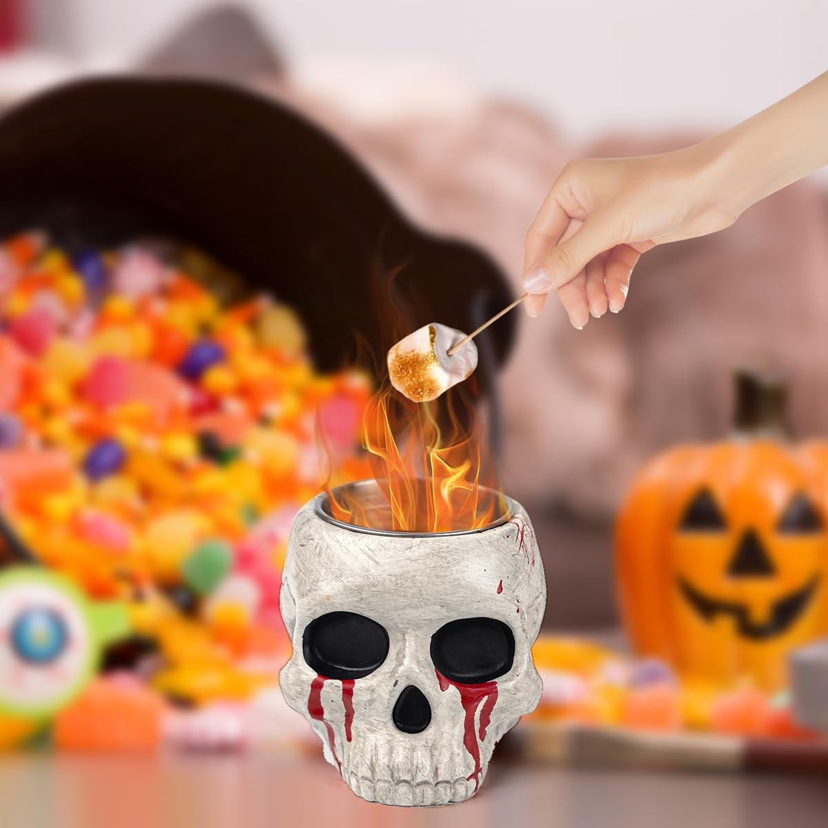 Cuenco para hoguera de mesa  Calavera de Halloween, decoración de fogata de alcohol con calavera, hormigón, chimenea, decoración interior y