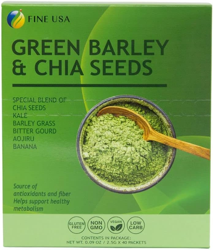 FINE USA Jugo de hierba de cebada verde en polvo con semillas de chía de Japón  Mezcla de verduras con col rizada, aojiru, calabaza amarga