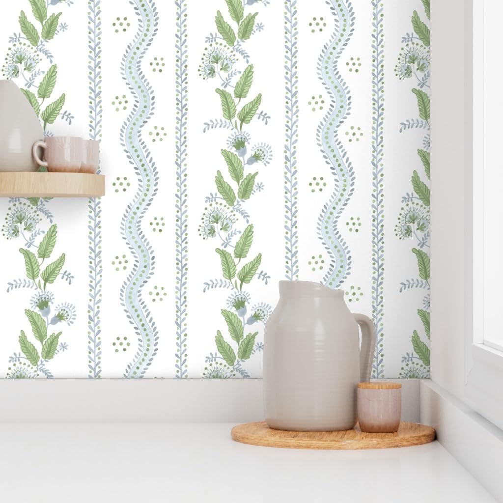 Spoonflower Papel tapiz autoadhesivo de 9 x 2 pies, papel tapiz extraíble tradicional con rayas blancas y verdes azules y verdes