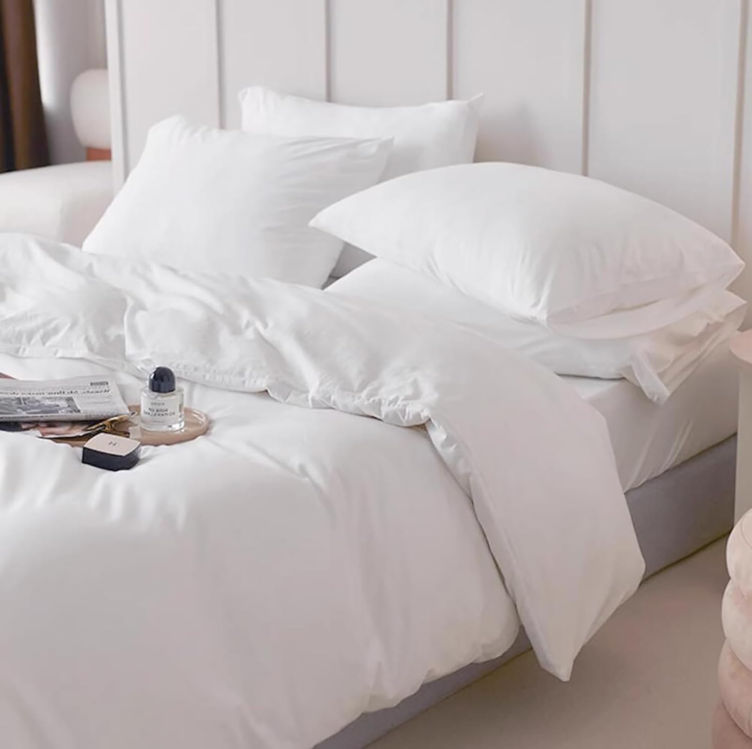 Luxlovery – Juego de edredón color blanco tamaño individual, juego de ropa de cama de 3 piezas, color blanco liso, suave, transpirable, para cama