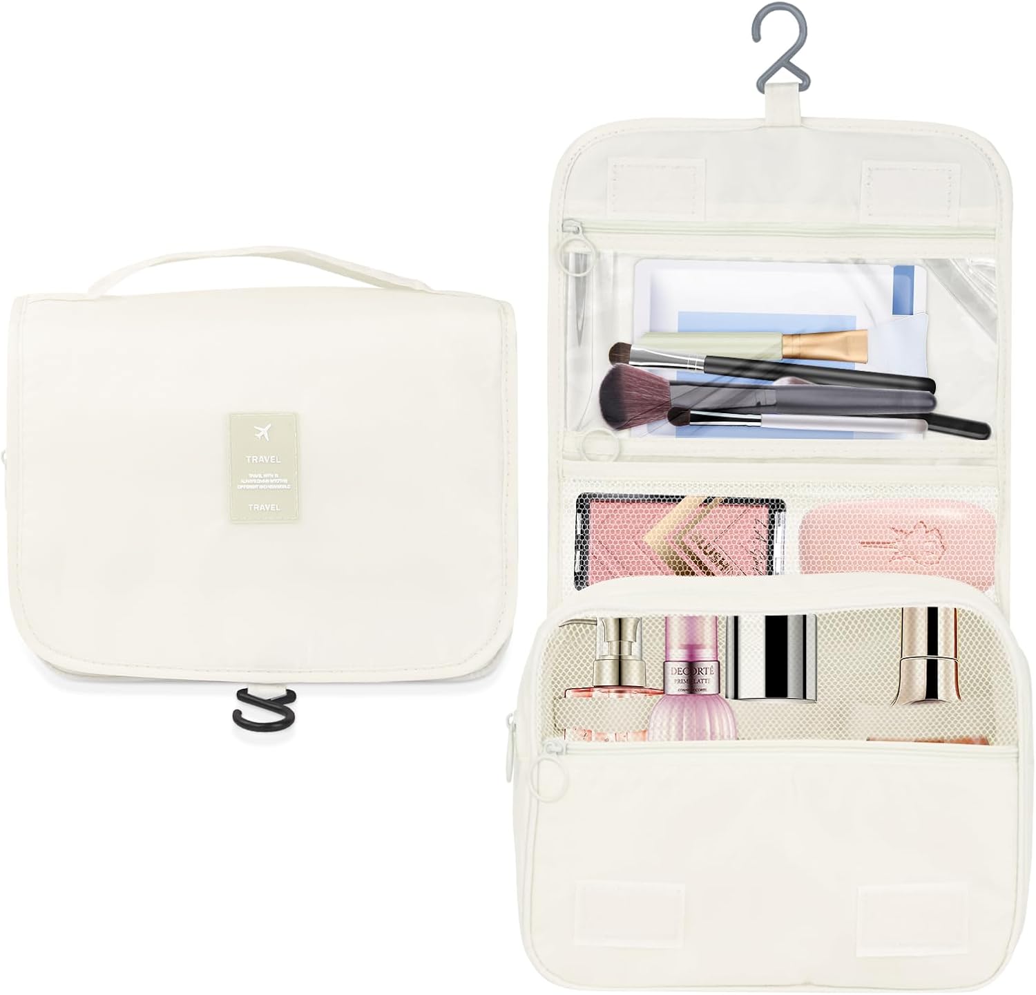Neceser para mujer de viaje, bolsa de maquillaje con cremallera, artículos de aseo esenciales de tamaño de viaje, Beige, Viajes